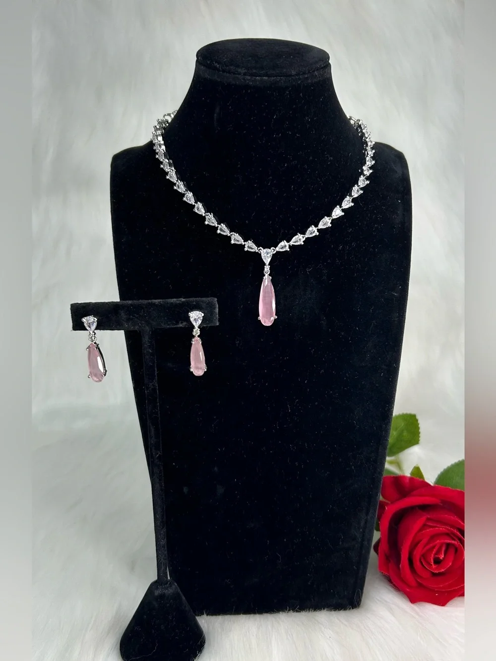 Pink Silver Ad Necklace and Earrings Set
